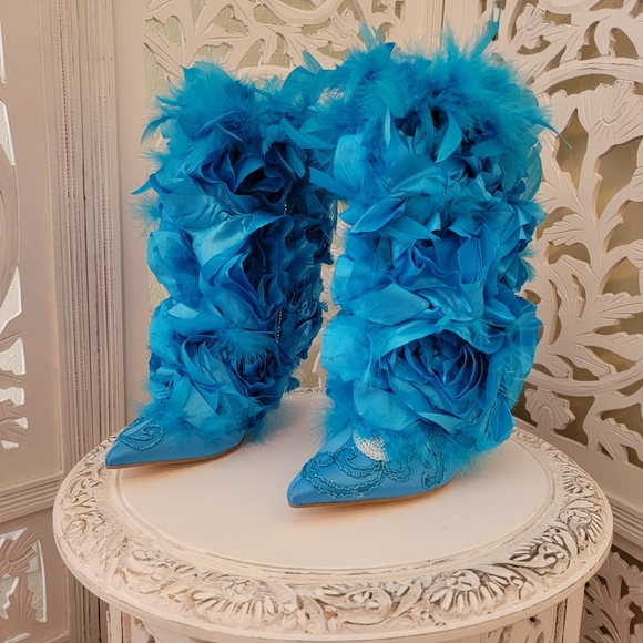 "GAIA" Turquoise Rosette Feather Crystal Ankle Boots - Picture 1 of 8